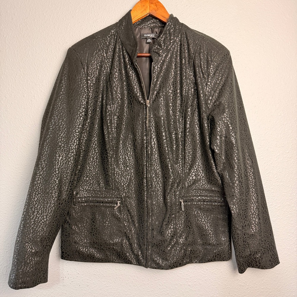 Elementz‎ Petite Black Textured Snake Skin Faux Leather Full Zip Moto Jacket PXL